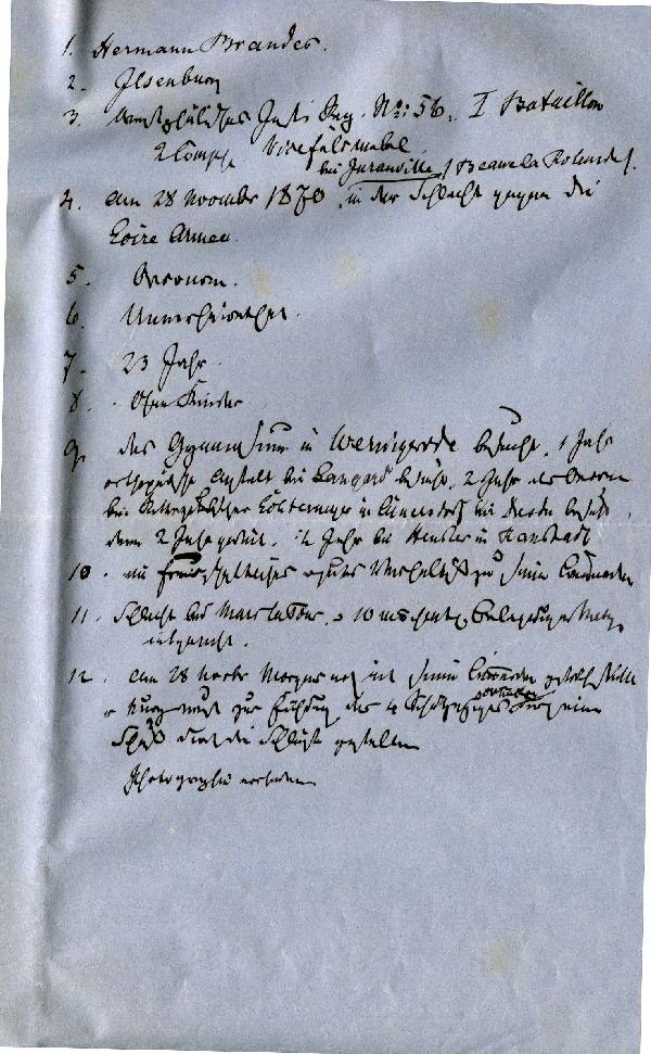 Angaben zur Biografie Hermann Brandes, gefallen am 28. Nov. 1870 in der Schlacht ... (Schloß Wernigerode GmbH RR-F)