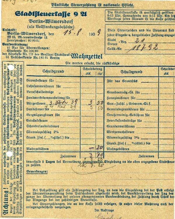 Mahnzettel: Bürgersteuer, Stadtkasse Berlin Wilmersdorf an Herrn Hans von Hoff (Schloß Wernigerode GmbH RR-F)