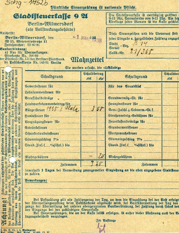 Mahnzettel: Stadtsteuerkasse Berlin Wilmersdorf an Hans von Hoff, 01.03.1938 (Schloß Wernigerode GmbH RR-F)