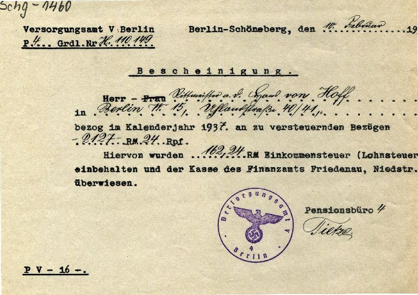 Versorgungsamt Berlin, Bescheinigung über zu versteuernde Bezüge im Jahr 1937 für H. v. Hoff (Schloß Wernigerode GmbH RR-F)