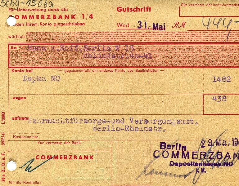 5 Gutschriften für Hans von Hoff bei Commerzbank Berlin vom Wehrmachtsfürsorge- u. Ver... (Schloß Wernigerode GmbH RR-F)