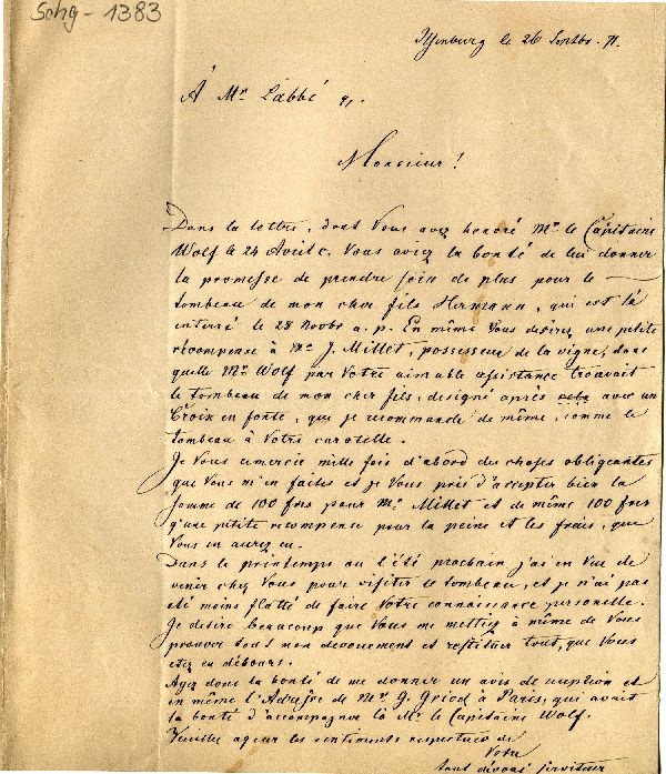 Brief in franz. Sprache, Ilsenburg d. 26. Sept. 71 (Schloß Wernigerode GmbH RR-F)