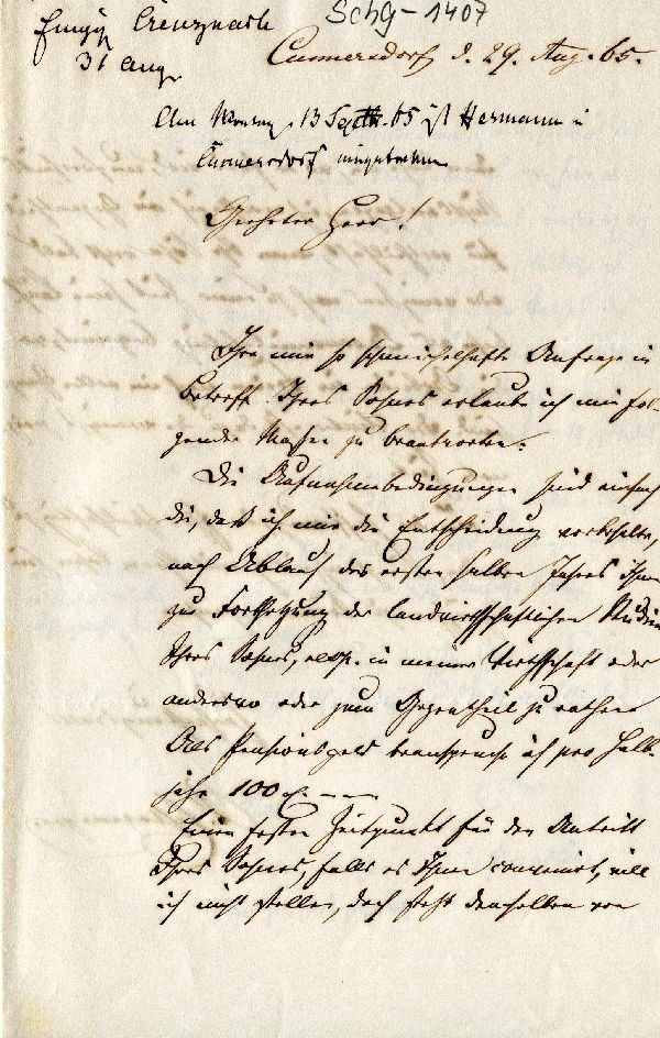 Brief: Cunersdorf, d. 29. Aug. 1865, Rittergutsbesitzer Echtermeyer an Bergrath Brandes (Schloß Wernigerode GmbH RR-F)