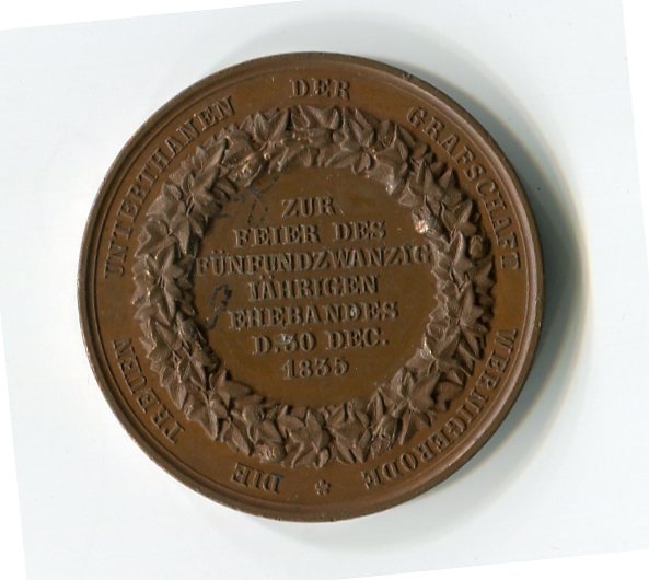 Medaille, Bronze; Zur Feier des fünfundzwanzigjährigen Ehebandes den 30. Dez. 1855 (Revers) (Schloß Wernigerode GmbH RR-F)