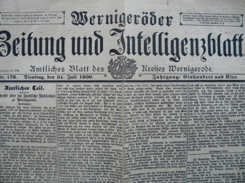 Zeitungsseite, Wernigeröder Zeitung u. Intelligenzblatt vom 31. Juli 1900, Nachrichten über ... (Schloß Wernigerode GmbH RR-F)