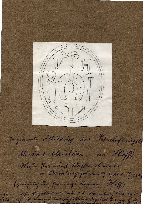 Abbildung eines Siegels mit Zange, Hufeisen, Amboß, Hufnägeln, Hammer sowie den ... (Schloß Wernigerode GmbH RR-F)
