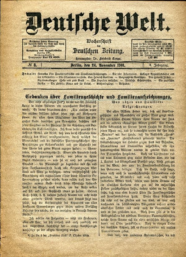Zeitung: Deutsche Welt vom 24.11.1901, Artikel: Gedanken über Familiengeschichte u. ... (Schloß Wernigerode GmbH RR-F)