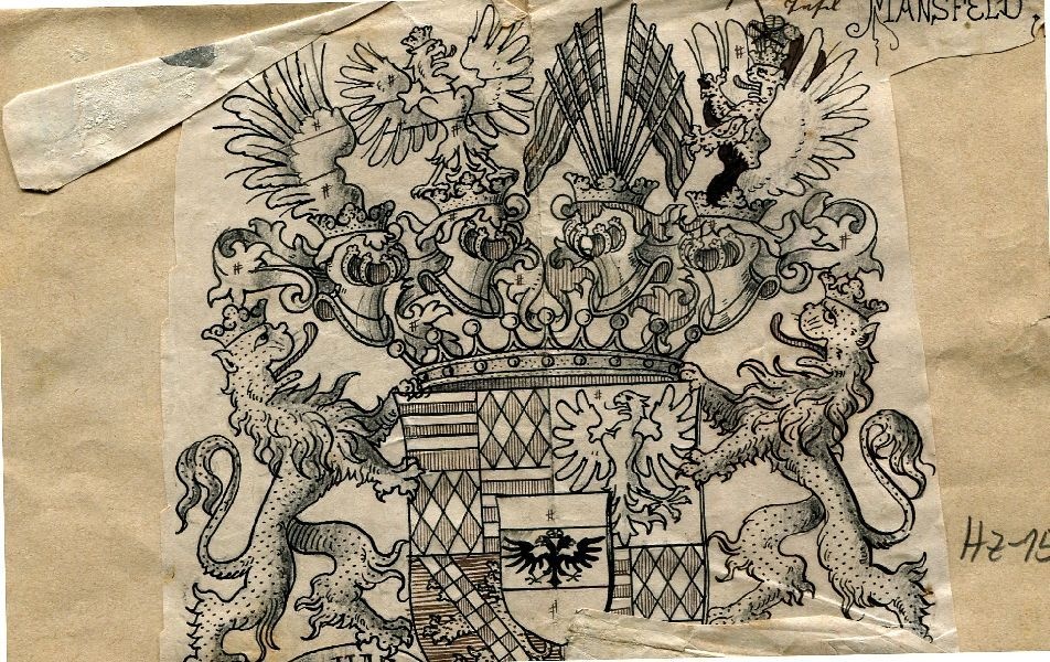 Mansfeld, Wappenschild mit Helmzier, von Löwen gehalten, unten Schriftband ... (Schloß Wernigerode GmbH RR-F)