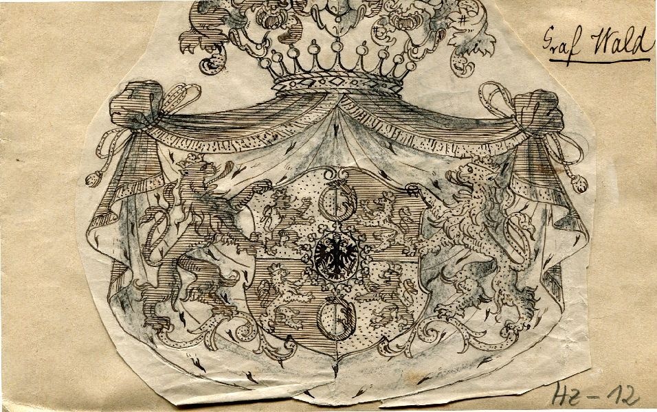 Graf Wald, bekröntes Wappenschild mit 4 stehenden Löwen, Mitte: Doppeladler ... (Schloß Wernigerode GmbH RR-F)