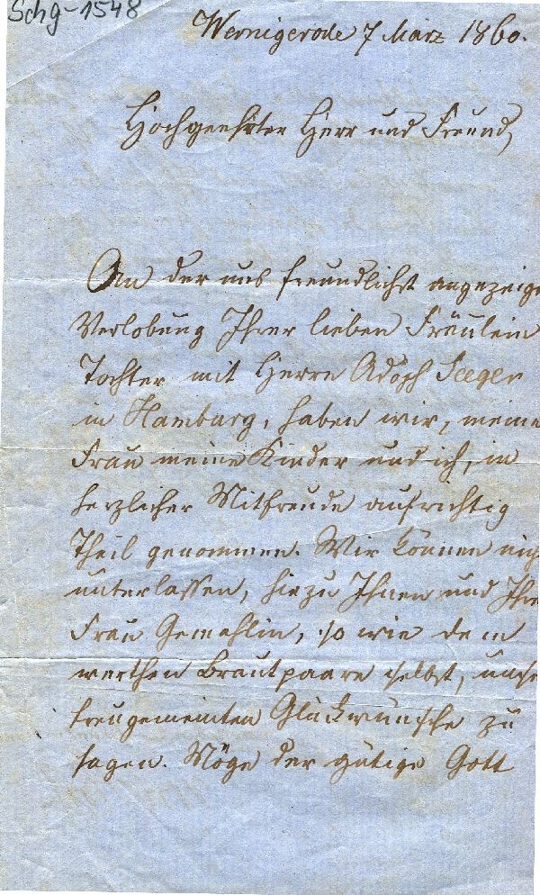 Herr von Hoff an Herrn Brandes, Wernigerode, d. 07. März 1860, Verlobungsglückwünsche (Schloß Wernigerode GmbH RR-F)