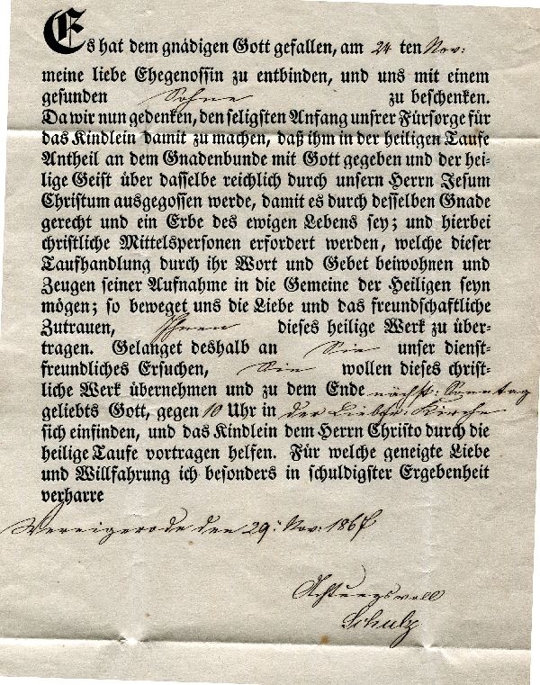 Geburts- und Taufanzeige, Wernigerode, d. 29. Nov. 1867, adressiert an: Herrn Schöpfwinkel ... (Schloß Wernigerode GmbH RR-F)