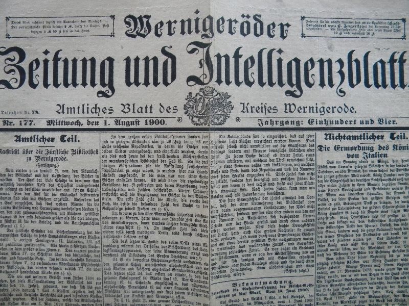 Zeitungsseite, Wernigeröder Zeitung u. Intelligenzblatt vom 01. August 1900, Nachrichten über ... (Schloß Wernigerode GmbH RR-F)