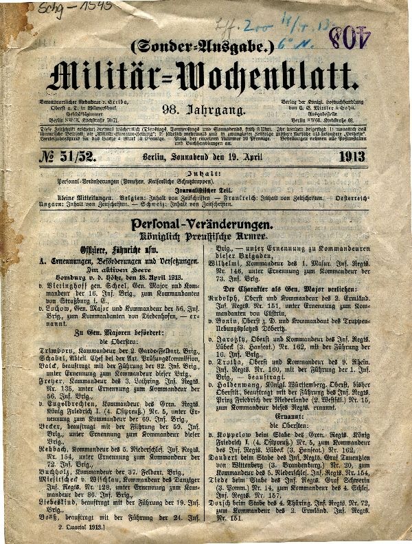 Militär-Wochenblatt (Sonderausgabe) vom 19. April 1913, Personalveränderungen, Königl. ... (Schloß Wernigerode GmbH RR-F)