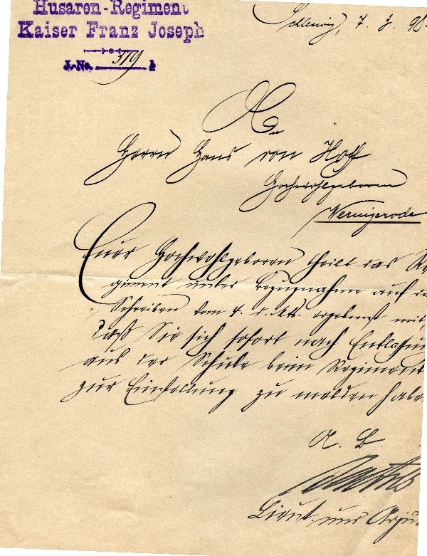 Brief: Husaren Regiment Kaiser Franz Joseph an Herrn Hans von Hoff, Schleswig 07.09.98 (Schloß Wernigerode GmbH RR-F)