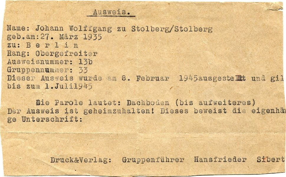 Dienstausweis d. Obergefreiten J. W. z. Stolberg (Schloß Wernigerode GmbH RR-F)