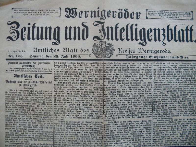 Zeitungsseite, Wernigeröder Zeitung u. Intelligenzblatt vom 29. Juli 1900, Nachrichten über ... (Schloß Wernigerode GmbH RR-F)