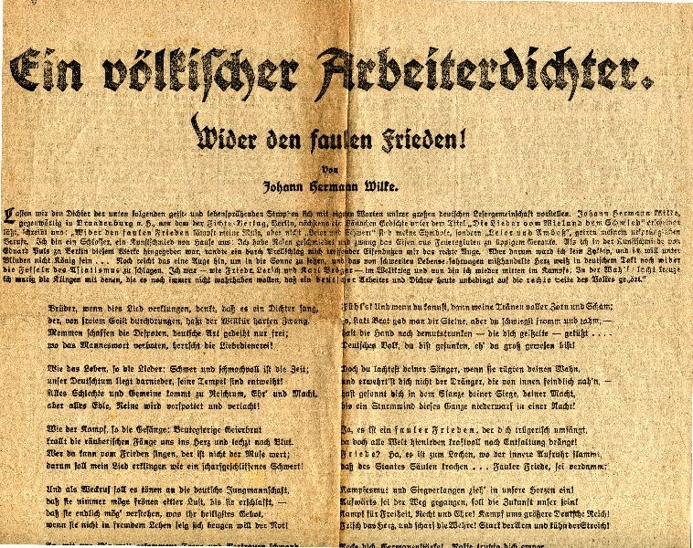 Gedrucktes Blatt "Ein völkischer Arbeiterdichter "Wider den faulen Frieden" Johann ... (Schloß Wernigerode GmbH RR-F)