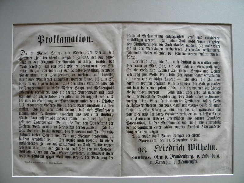 Proklamation vom 11. Nov. 1848 zur Verlegung der Regierung nach Brandenburg ... (Schloß Wernigerode GmbH RR-F)