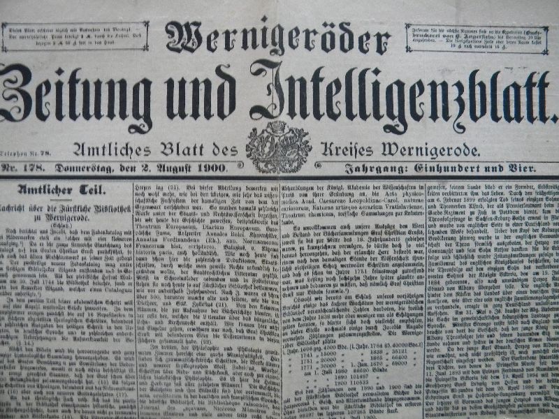 Zeitungsseite, Wernigeröder Zeitung u. Intelligenzblatt vom 02. August 1900, Nachrichten über ... (Schloß Wernigerode GmbH RR-F)