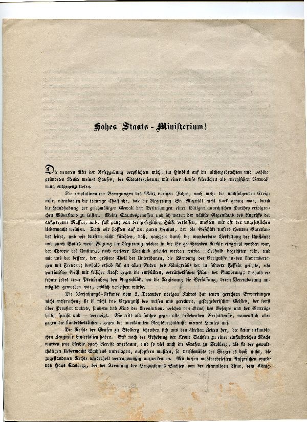 17. Januar 1849 Protestnote des Grafen Alfred zu Stolberg (Schloß Wernigerode GmbH RR-F)