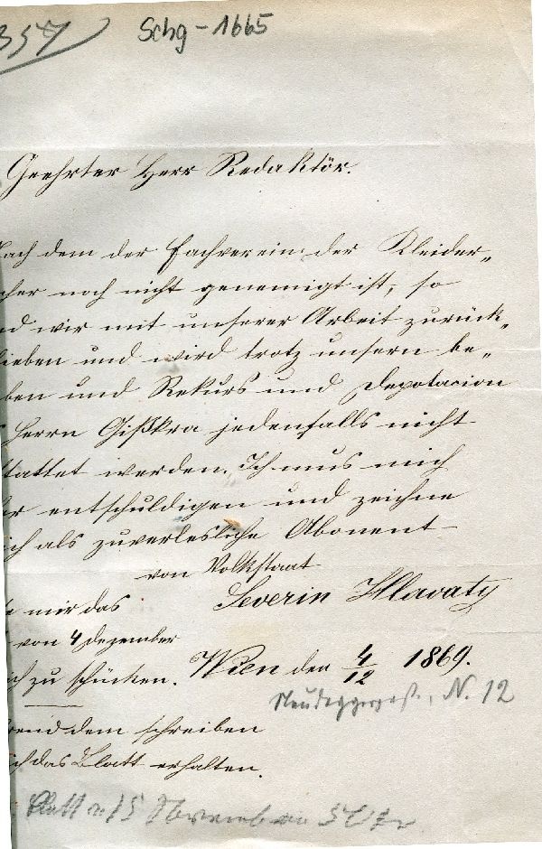 Wien 4.12.1869, Severin Hlavaty an Redaktion (Schloß Wernigerode GmbH RR-F)
