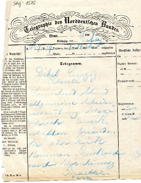 Telegramm Gera- Leipzig im Oktober 1869 Ankündigung der Ankunft Bebels (Schloß Wernigerode GmbH RR-F)