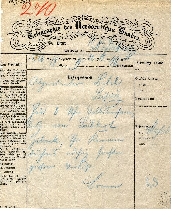 Telegramm Magdeburg- Leipzig 19.10.1869, Brauner an Abgeordneten Bebel in Leipzig (Schloß Wernigerode GmbH RR-F)