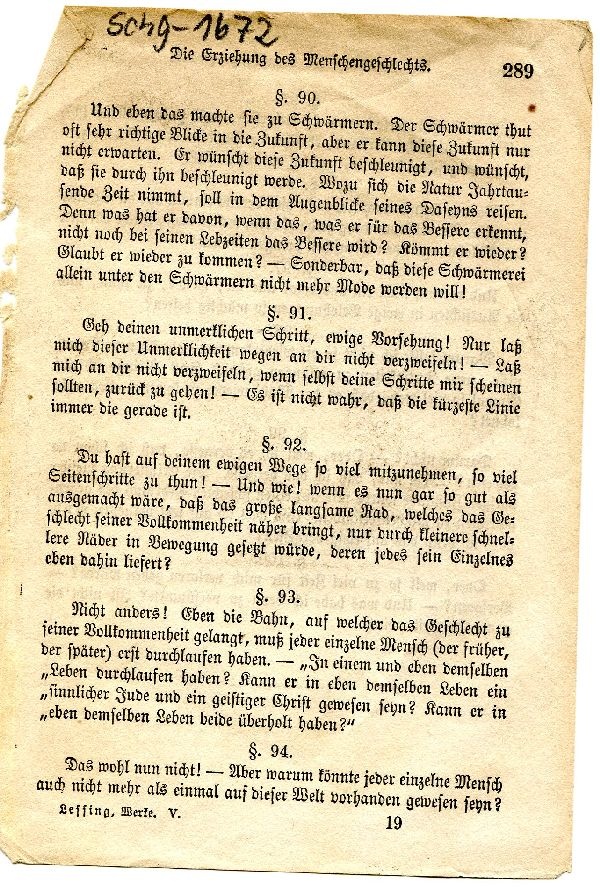 Seite aus Lessing, Werke V. S.289 Die Erziehung des Menschengeschlechts (Schloß Wernigerode GmbH RR-F)