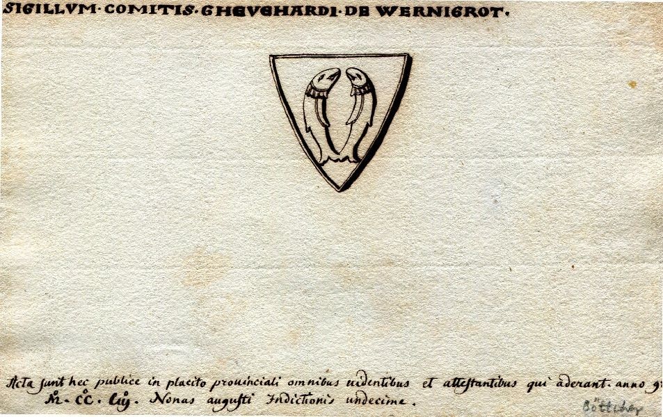Handzeichnung: Siegel des Grafen GHEVEHARDI zu Wernigerode, im Dreiecksschild zwei ... (Schloß Wernigerode GmbH RR-F)