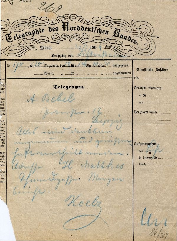 Telegramm Lichtenstein-Leipzig 18.10.1869, Koelz an Bebel (Schloß Wernigerode GmbH RR-F)