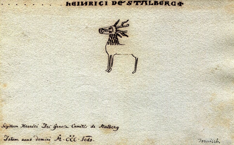 Handzeichnung: Siegel des Grafen Heinrich zu Stolberg, stehender Hirsch nach links (Schloß Wernigerode GmbH RR-F)