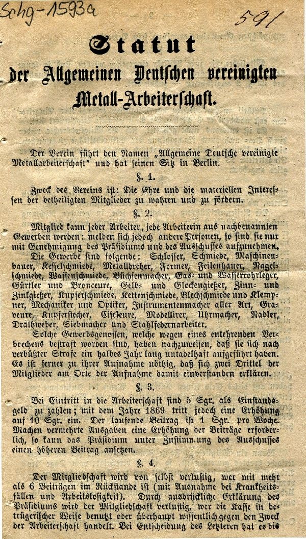 Gedrucktes Doppelblatt: Statut der Allgemeinen Deutschen vereinigten Metall Arbeiterschaft (Schloß Wernigerode GmbH RR-F)