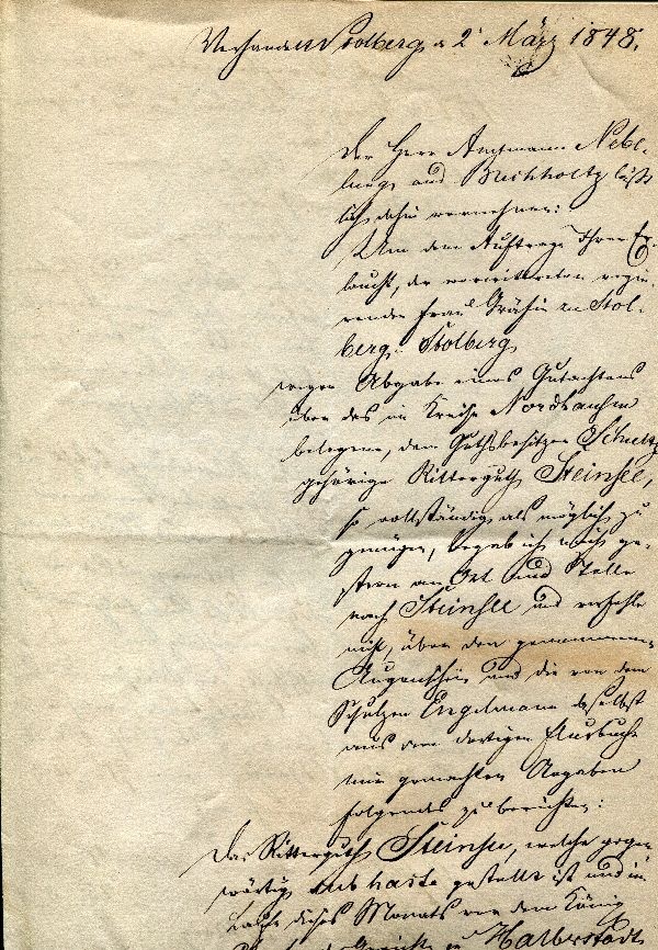 Stolberg 02.März 1848 Brief des Amtmannes Nebel i. A. der Gräfin (Schloß Wernigerode GmbH RR-F)