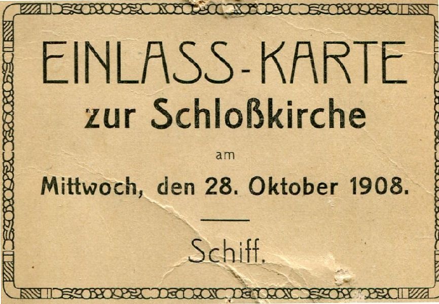 Einlaßkarte zur Schloßkirche (Schloß Wernigerode GmbH RR-F)