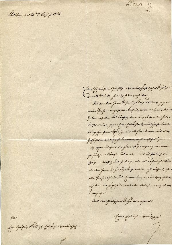 20. August 1814 Schreiben an gräfl. Stolbergische Vormundschaft (Schloß Wernigerode GmbH RR-F)
