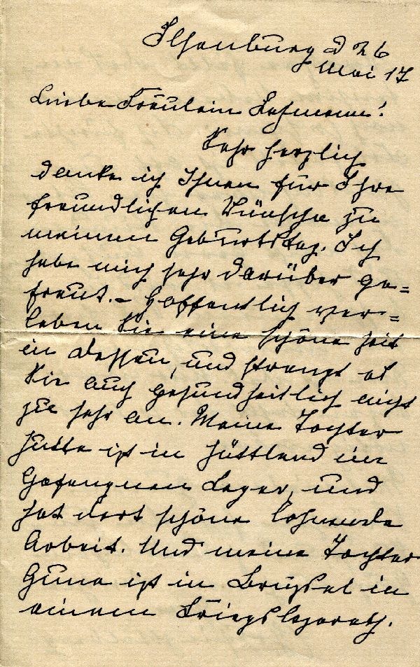 26. Mai 1917 Brief Gräfin Constantin zu Stolberg an Frl. Lehmann (Schloß Wernigerode GmbH RR-F)