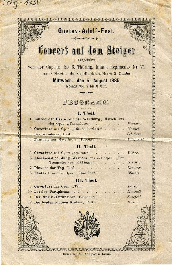 Programm für das Gustav Adolf Fest am 5. August 1885,Concert auf dem Steiger (Schloß Wernigerode GmbH RR-F)