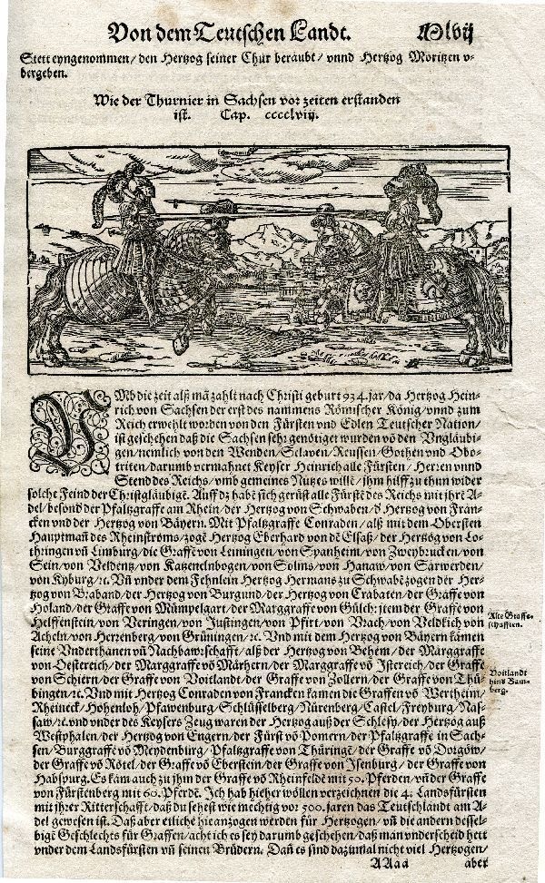 Terxtholzschnitt, David Kandel 1598, Ritter auf gepanzertem Pferd beim Turnier (Schloß Wernigerode GmbH RR-F)