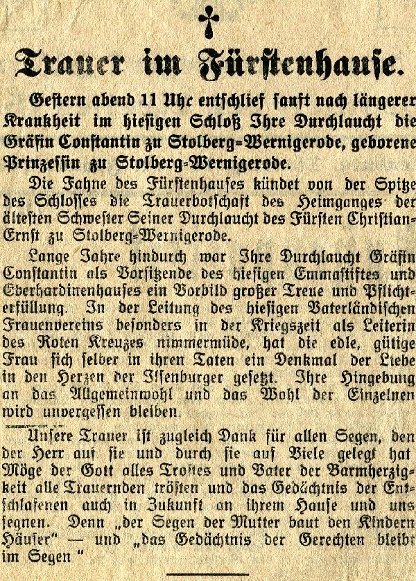 Zeitungsausschnitt Todesanzeige Gräfin Constantin (Schloß Wernigerode GmbH RR-F)