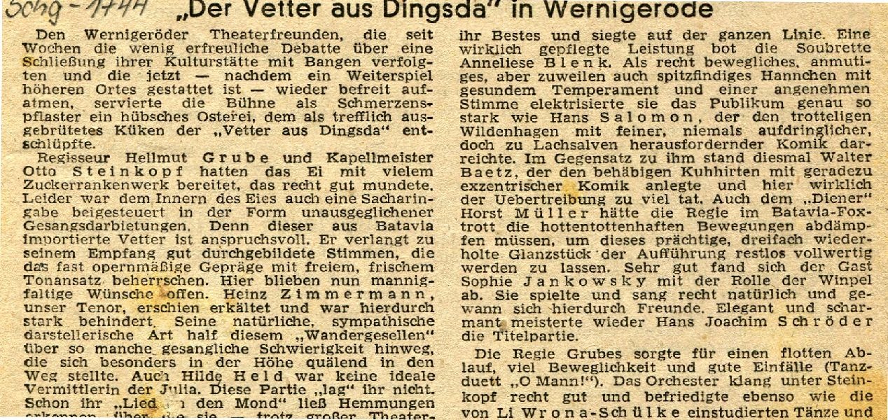 Pressekritik zum "Vetter aus Dingsda" in Wernigerode (Schloß Wernigerode GmbH RR-F)
