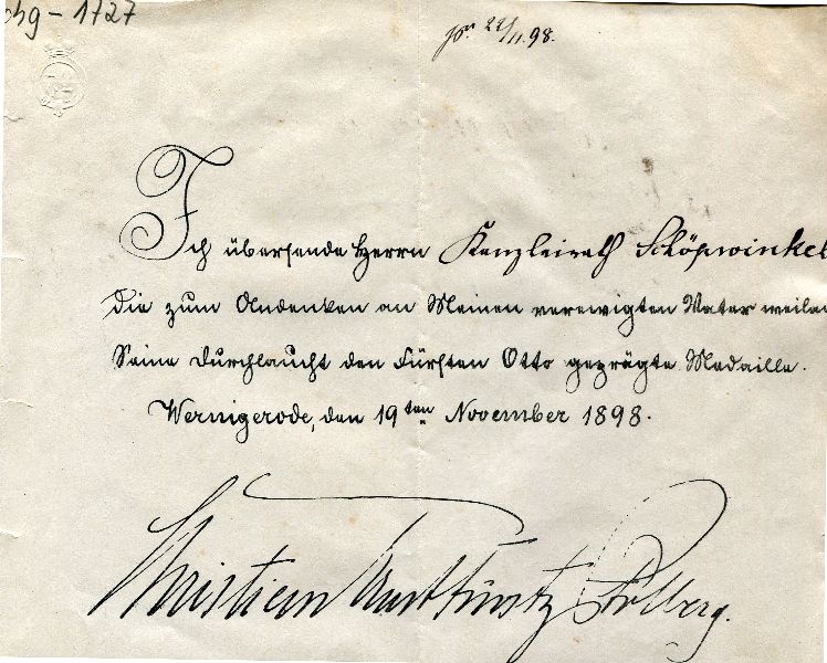 Brief des Fürsten Christian Ernst zu Stolberg Wernigerode an den Kanzleriath Schöpwinkel (Schloß Wernigerode GmbH RR-F)