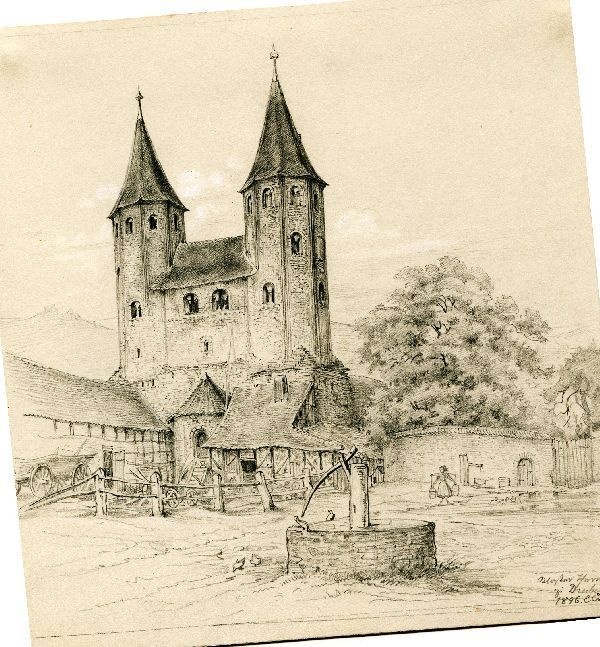 E. Crola, Bleistiftzeichnung, bezeichnet "Klostertürme zu Drübeck" (Schloß Wernigerode GmbH RR-F)