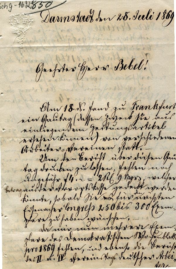 Darmstadt 28.Juli 1869, Aug. Wiener an Bebel (Schloß Wernigerode GmbH RR-F)