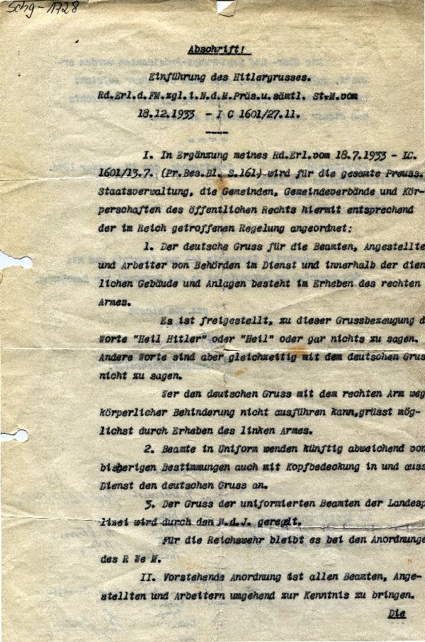 Abschrift: Einführung des Hitlergrußes (Schloß Wernigerode GmbH RR-F)