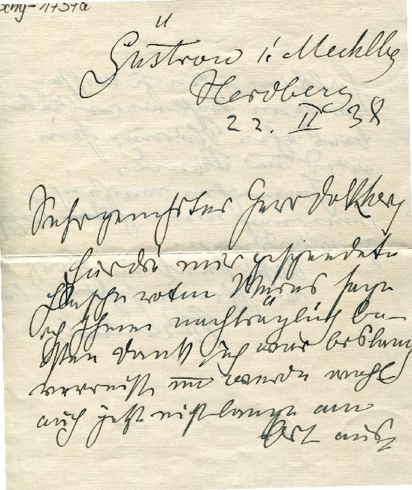 Brief, Ernst Barlach an den Arzt Walter Fahlbusch in Unterpfaffenhofen bei München vom 22.II.38 (Güstrow) (Schloß Wernigerode GmbH RR-F)