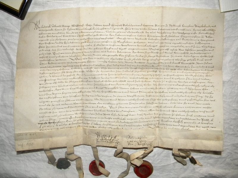 Kaufbrief über vier Hufen Landes und einer Wiese 1572 unterzeichnet von den Grafen Wolf- Ernst (Schloß Wernigerode GmbH RR-F)