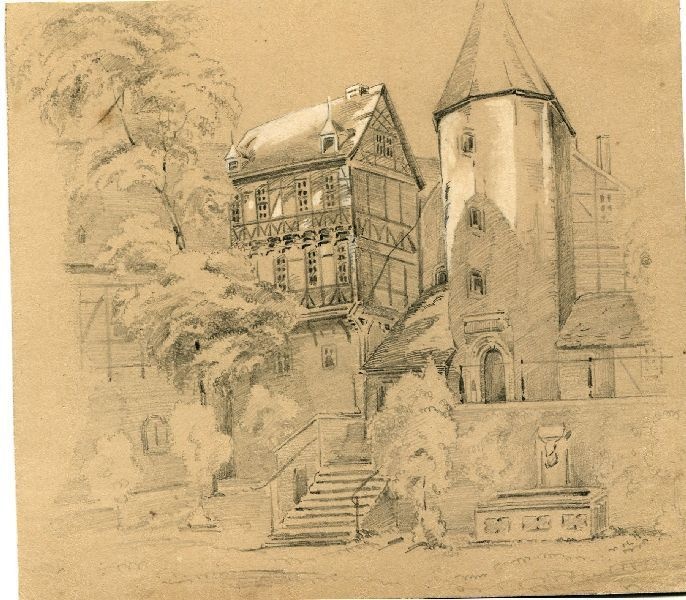 H. Crola, Bleistiftzeichnung, Partie bei der Schloßkirche in Wernigerode (Schloß Wernigerode GmbH RR-F)