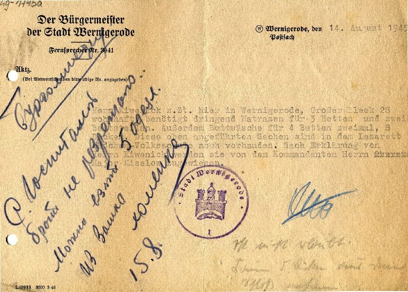 Anweisung des Bügermeisters der Stadt Wernigerode vom 14.Aug.1945 (Schloß Wernigerode GmbH RR-F)