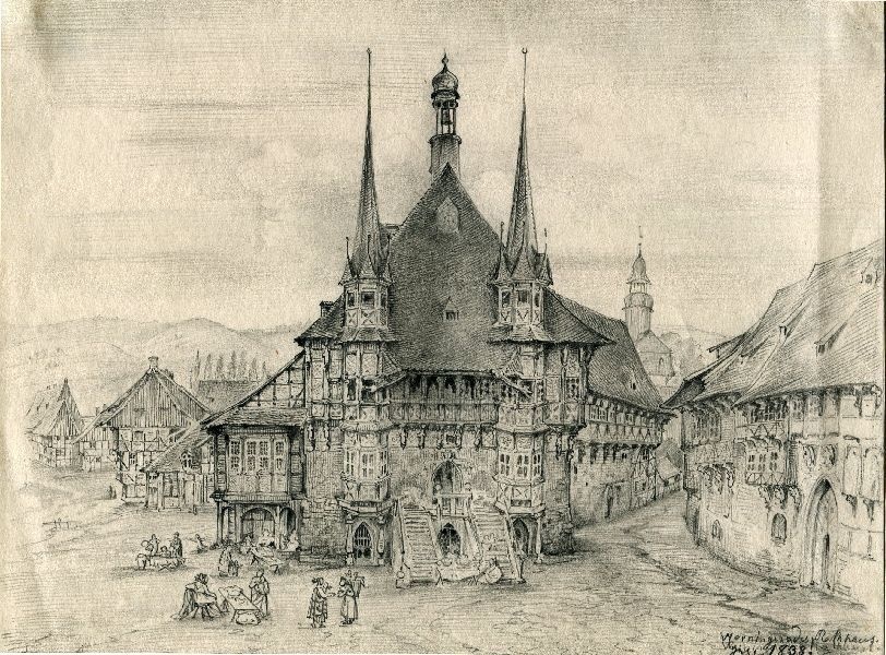 H. Crola, Bleistiftzeichnung, Rathaus, Marktplatz mit Gothischem Haus und Blick in Marktstraße (Schloß Wernigerode GmbH RR-F)