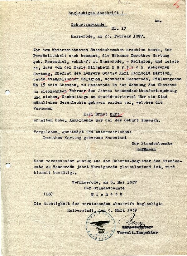 Beglaubigte Abschrift der Geburtsurkunde Karl Ernst Kurt Bärtich 23.02.1897 (Schloß Wernigerode GmbH RR-F)